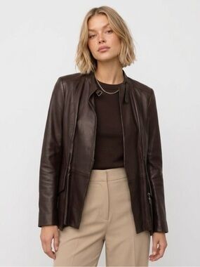 Women's Dark Brown Leather Zip-Front Jacket